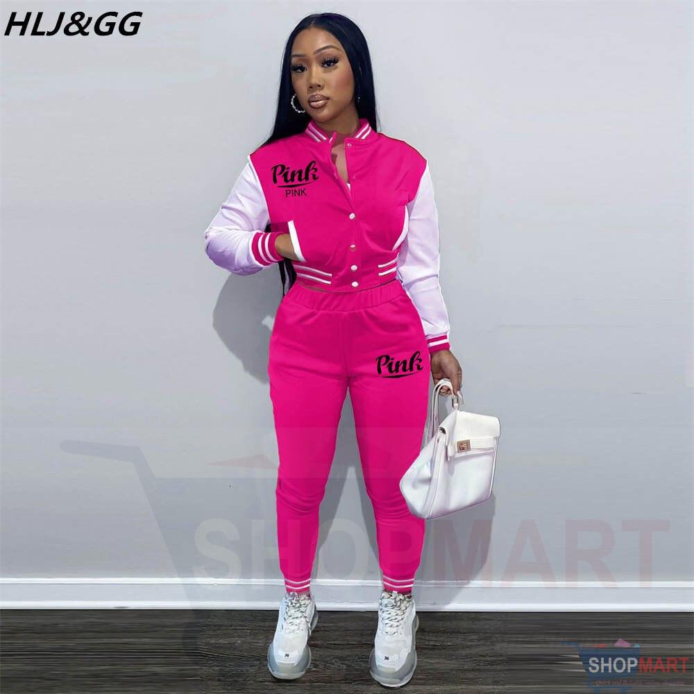 HLJ&GG Women Sportswear Baseball Uniform 2 Piece Set PINK Letter Print  Jacket Coat Pants Tracksuits Spring Fashion Clubwear - ShopMart